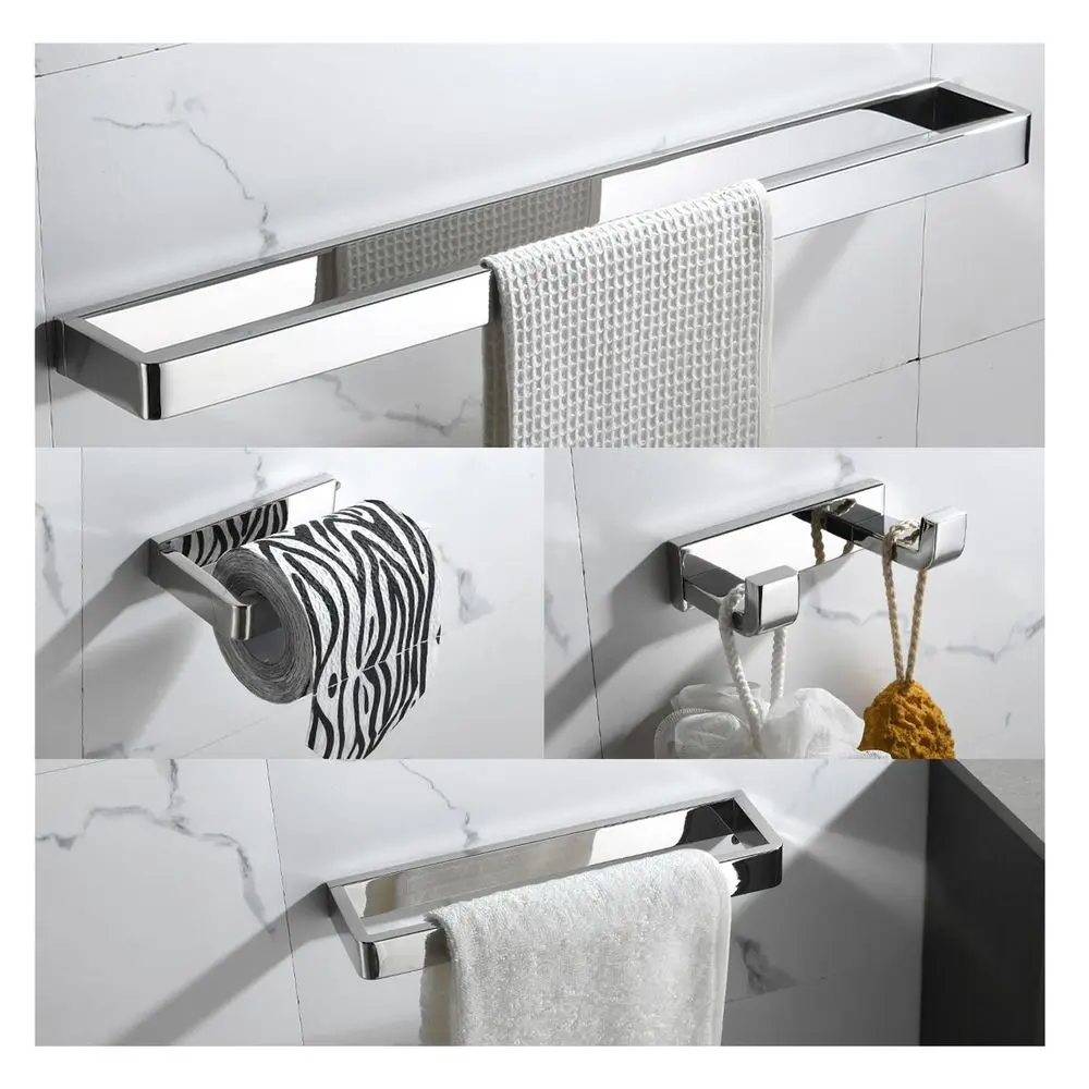 

4Piece Bathroom Hardware Accessories Set Polished Chrome Towel Bar Set Square Towel Holder Kit Stainless Steel Wall Mounted