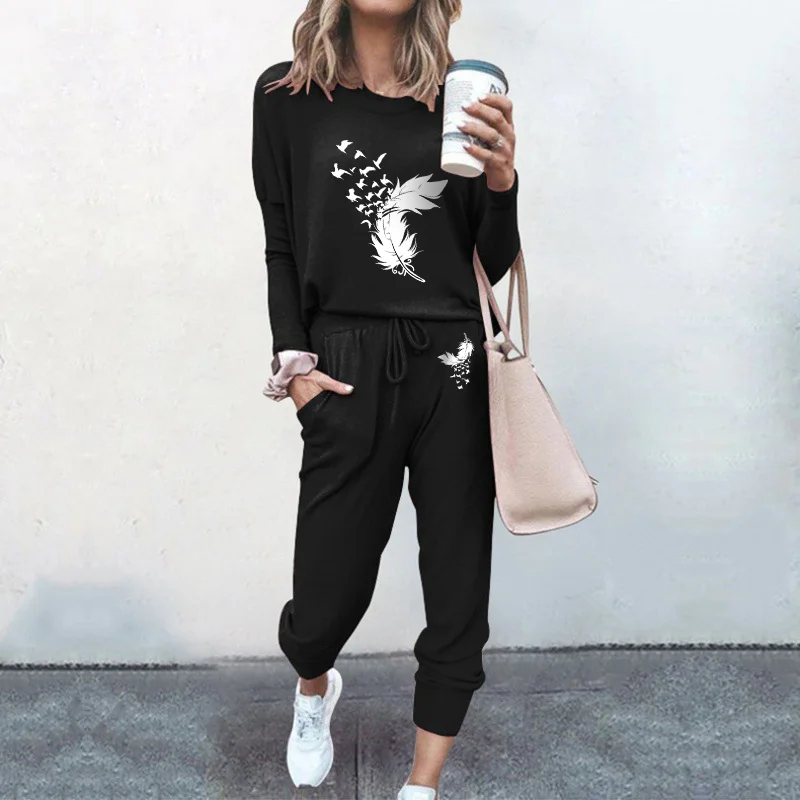Elegant High Street Autumn Women\'s Set, 2024 New Casual Solid Color Printed Long Sleeve Pullover+Pants Two-piece Set
