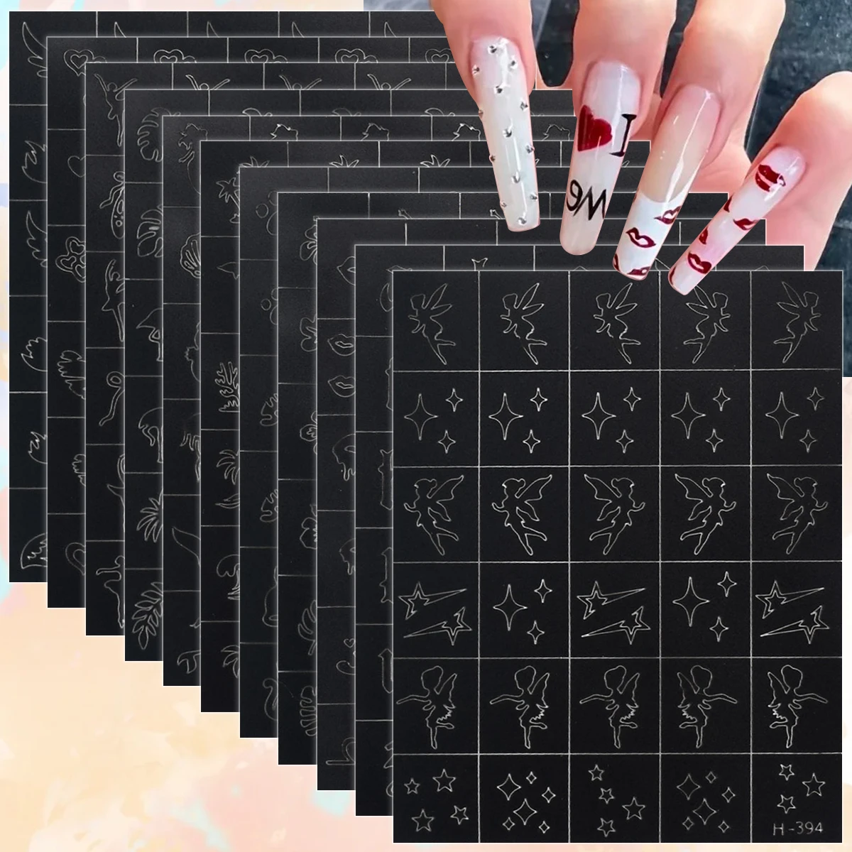 3/5/6/11 Sheets Self Adhesive Airbrush Nail Stencil Stickers Hollow Nail Vinyls Fairy Heart Star French Tip Guide Decals