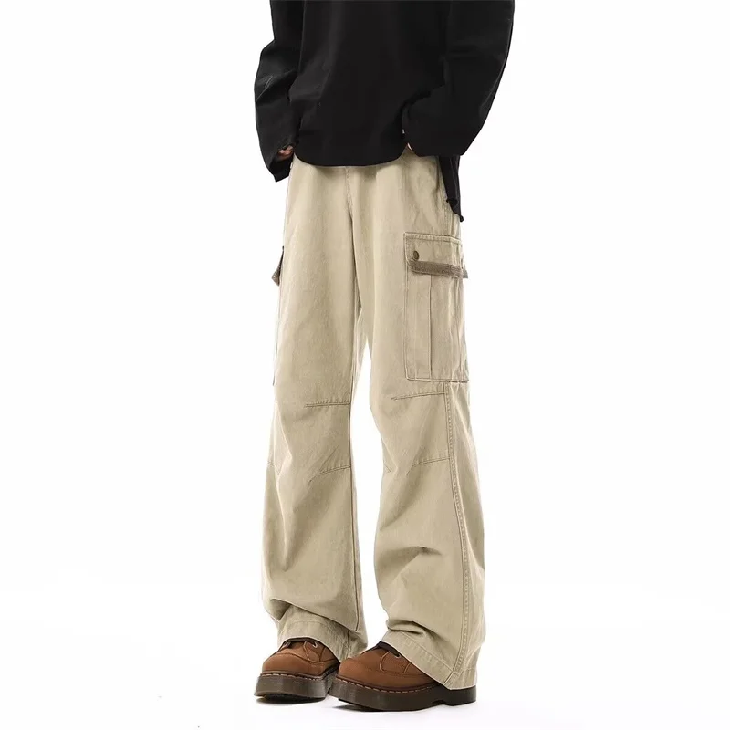 

Korean Fashion Retro Cotton Cargo Pants For Men Multi-pocket Patchwork Straight Wide-leg Trousers High Street Y2K pantalones