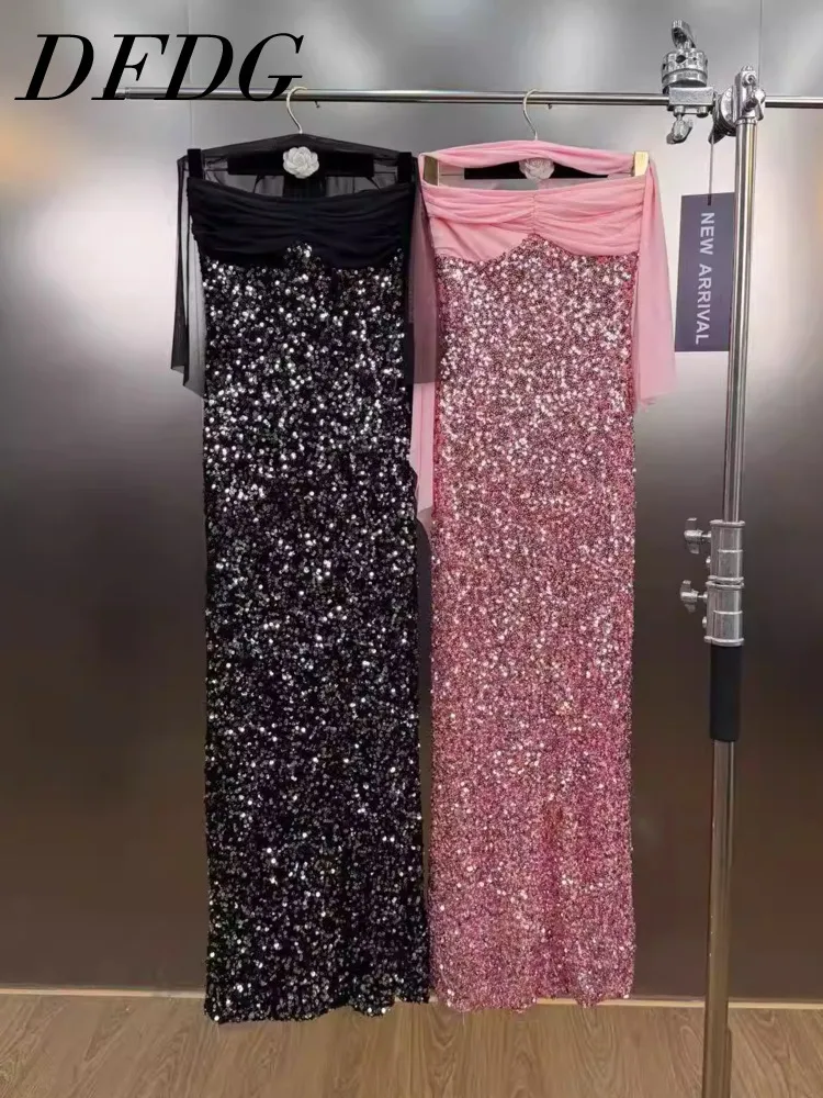 

Женское платье DFDG весна-лето, черно-розовое, с пайетками, с деталями-накидкой, макси, для торжественных мероприятий, трендовая женская мода 2026