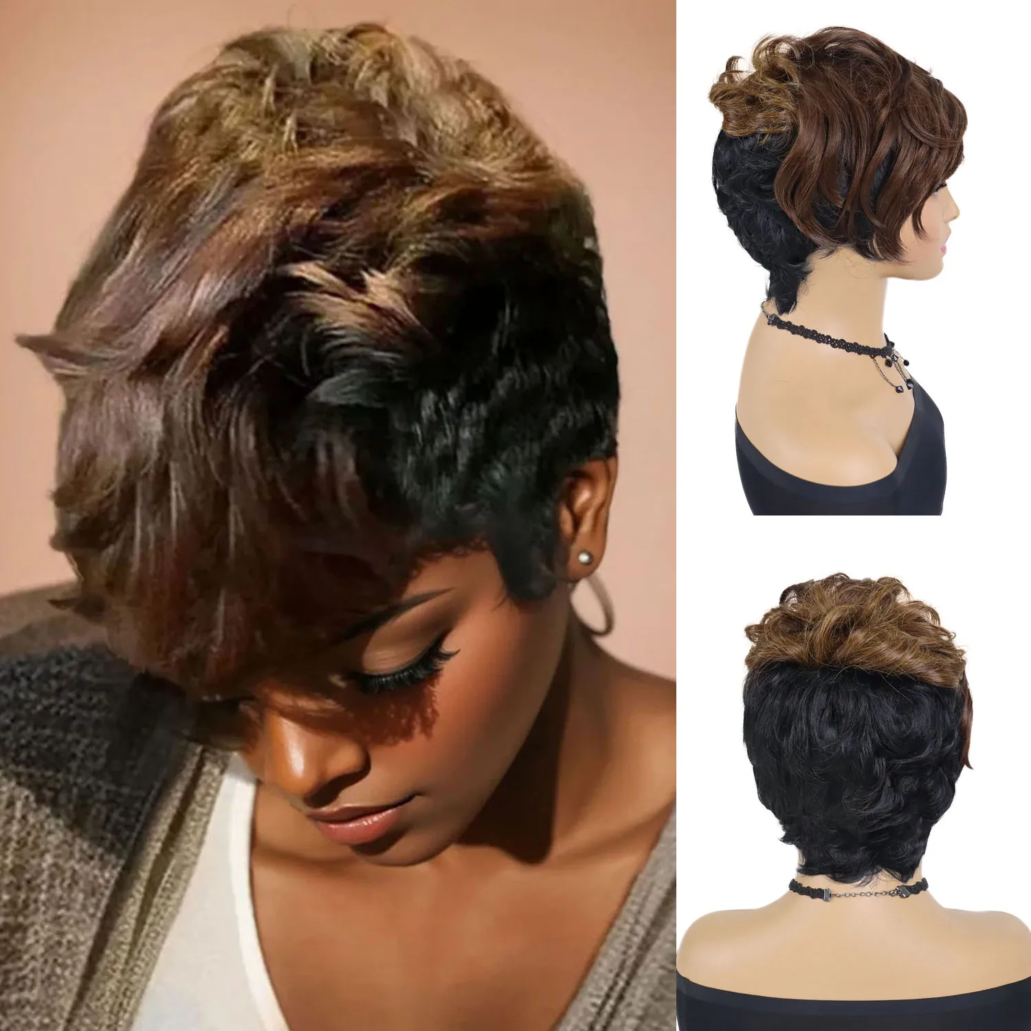 

Synthetic Natural Wig for Black Women Short Blonde Pixie Cut Wigs Daily Costume Ombre Brown Mix Black Highlight with Side Bangs