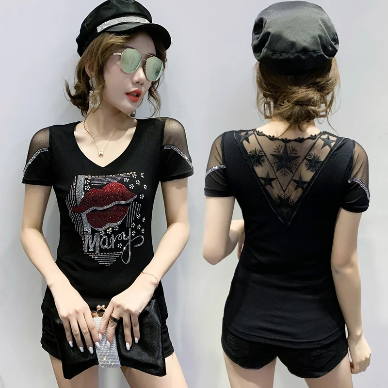 New Summer European Clothes T-Shirt Fashion Lip Diamonds Women Tops Mesh Short Sleeve Lace Sexy Back Embroidered Shirt Tees