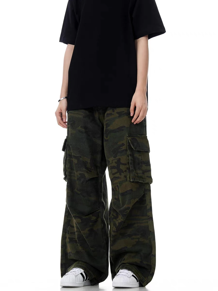 Calças de Trabalho Camufladas Retrô Americanas, Jeans de Perna Reta Larga para Homens e Mulheres, Estilo Casual de Rua, Múlti...
