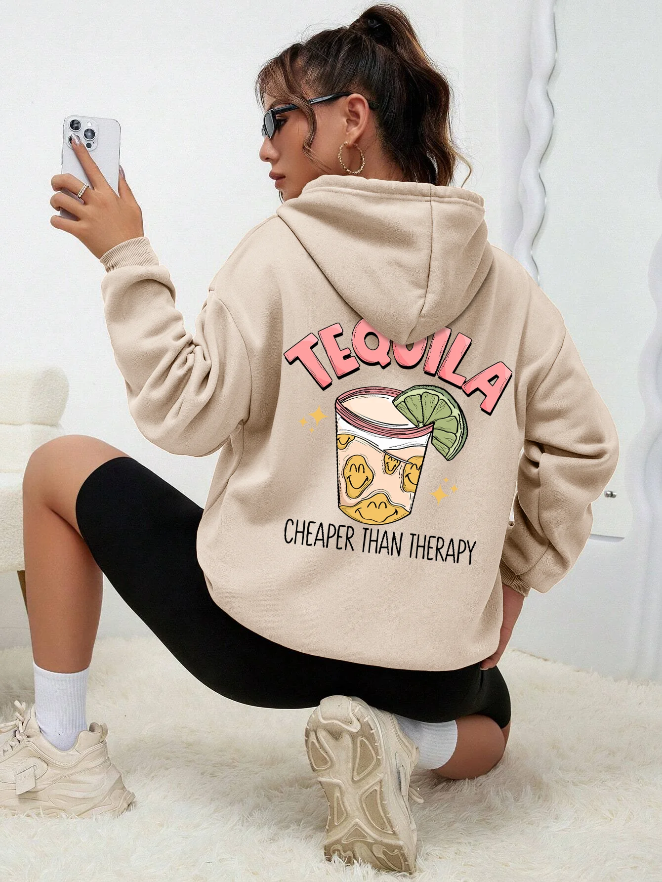 

Tequila Cheaper Than Therapy Printed Women Hoody Fashion Loose Sweatshirt Casual Fleece Soft Hooded Autumn Warm Oversize Tops