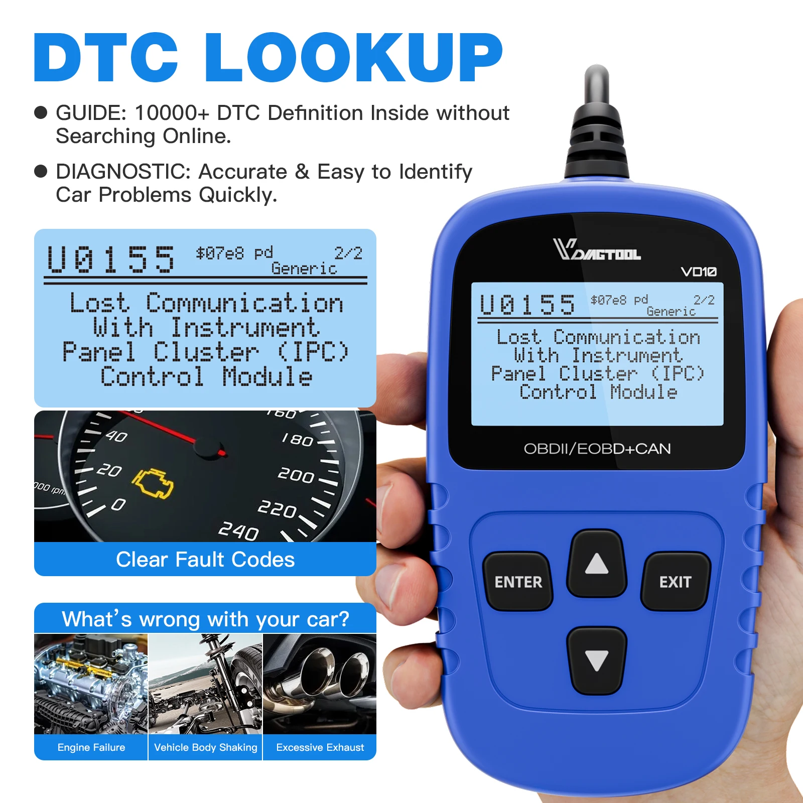 VDIAGTOOL VD10 OBD2 Scanner Strumento diagnostico Scanner automobilistico con lettore di codici di lettura I/M Controlla l\'aggiornamento gratuito a