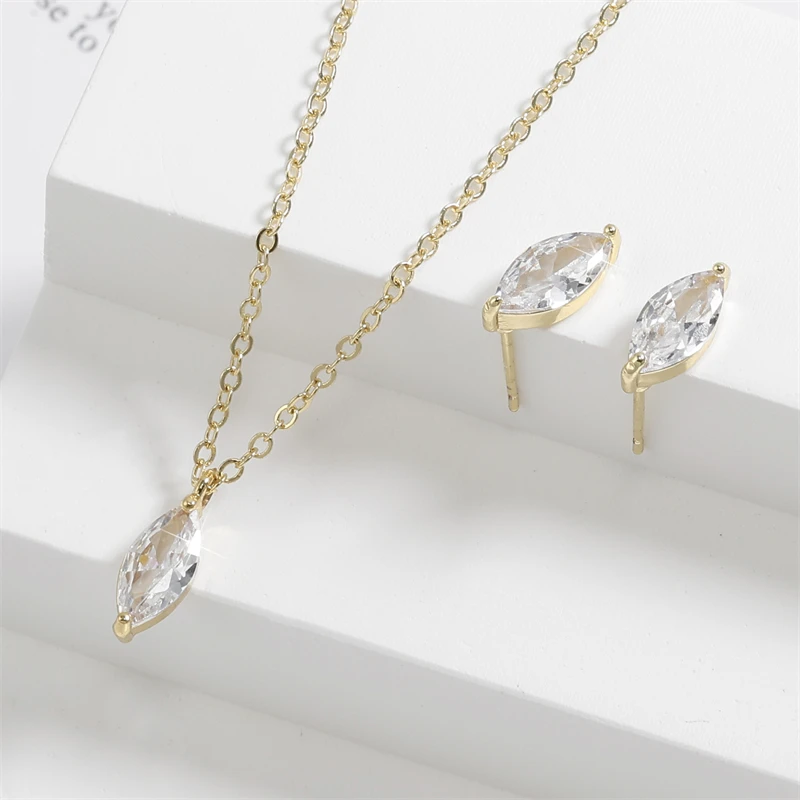 ZAKOL Simple Marquise Zirconia Jewelry Sets for Women Shinny Geometric Water Drop CZ Earing Necklace Fashion Party Set