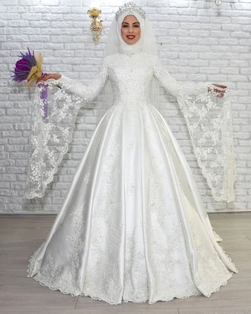 

Customized Modest High Neck Muslim Wedding Dresses Robe Mariage Femme Sweep Train A-Line Long Flare Sleeves Lace Bridal Gowns