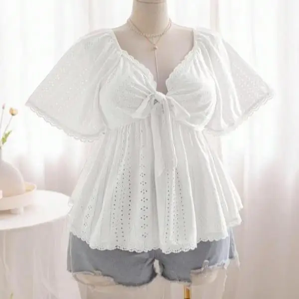 

Women's Bow Tie Shirt Short Sleeve Knot CleanFit PU Leather Neckline Nine Points Sleeve Deform Resistant Summer