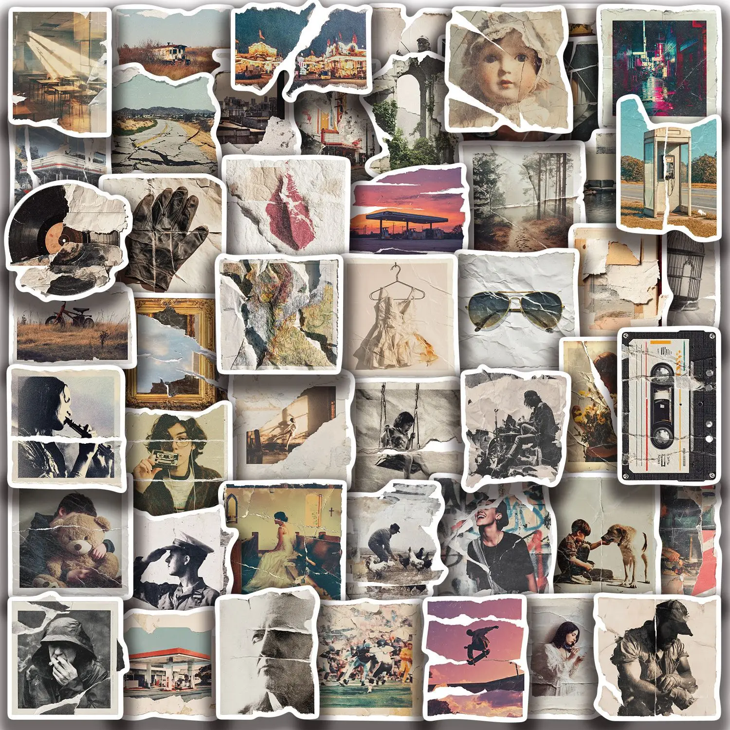 50Pcs Retro Torn Photo Stickers Decals For Laptop Scrapbook Suitcase Refrigerator Guitar DIY Aesthetic Waterproof Sticker