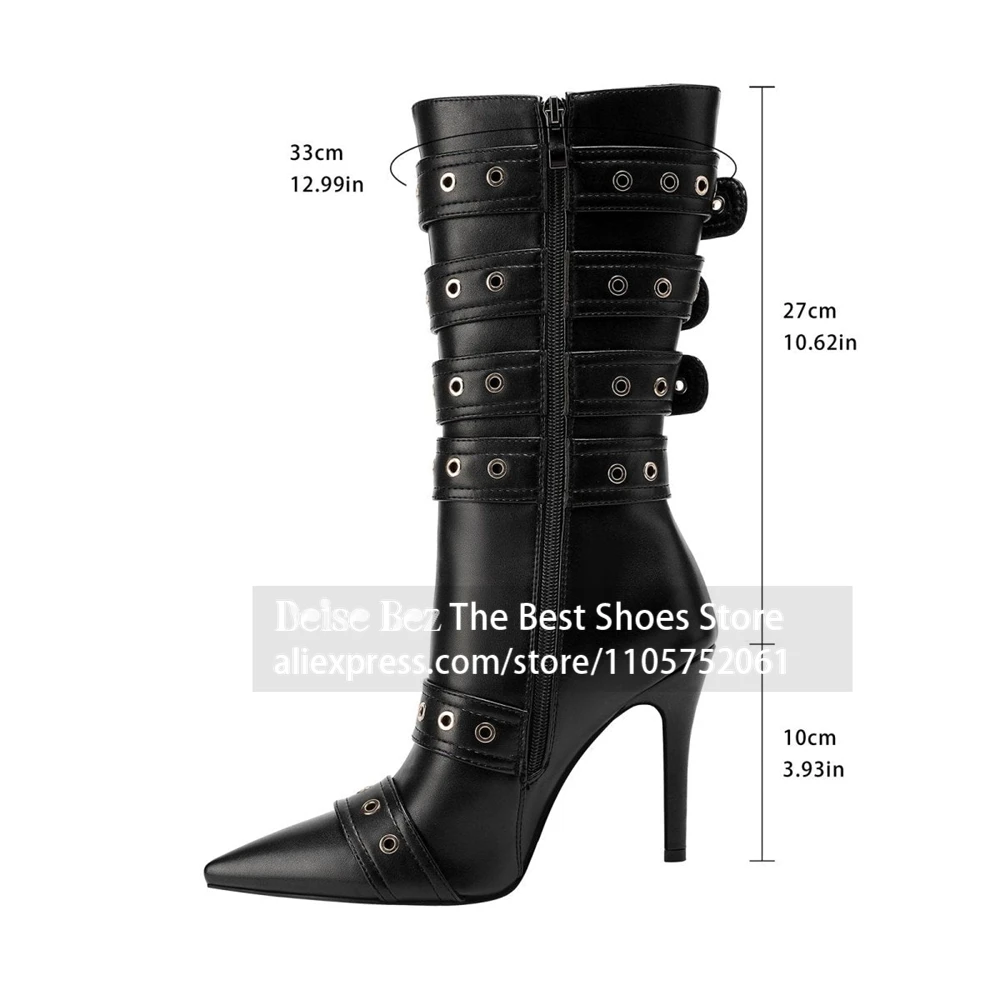 Multi Buckle Grommet Stiletto Boots Punk Eyelet Buckle Strap Mid Calf Boots Biker Style Multi Strap Pointed Toe Boots for Women