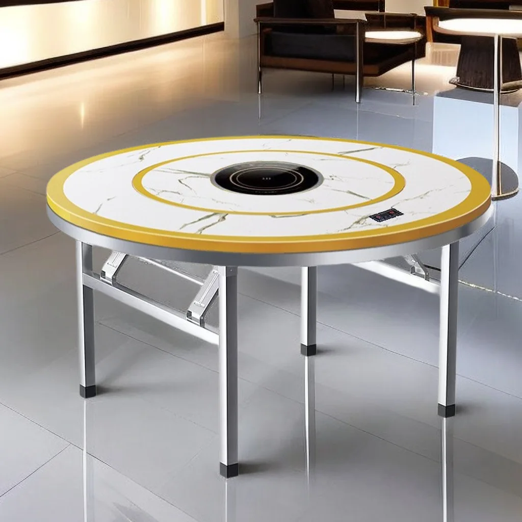 

stainless steel built-in turntable round hotel dining table integrated folding hot pot large table commercial