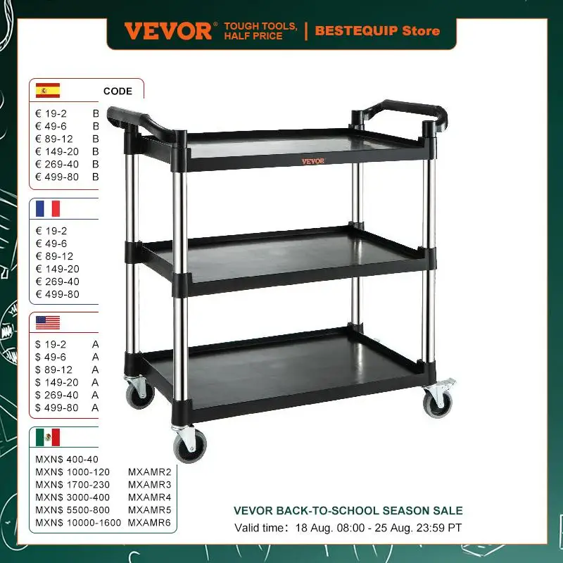 VEVOR Utility Service Cart 3 Shelf Heavy Duty 220LBS Food Service Cart Rolling Kitchen Storage Trolley with 4 Lockable Wheels