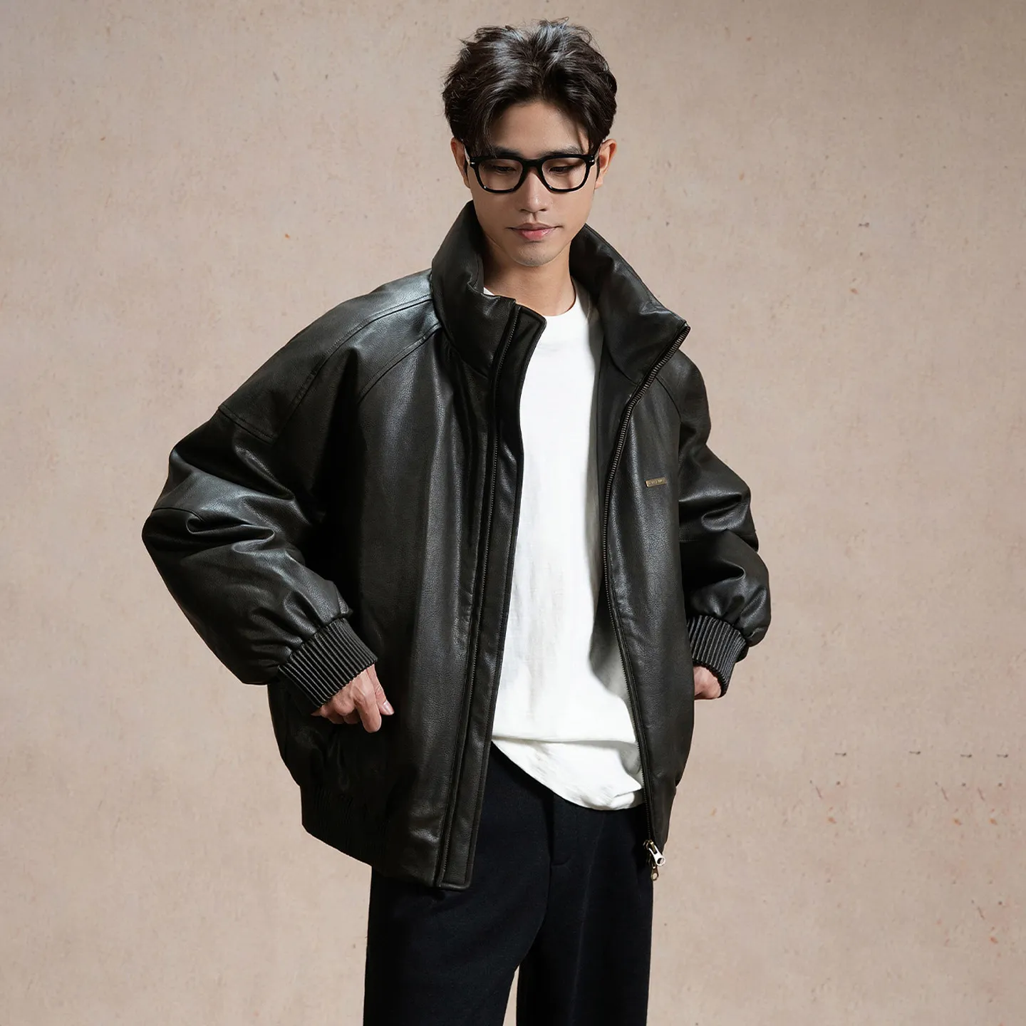 

Men's Biker Jaet Du down PU Leather Waed Outwear Casual Sle Zipper Closure Warm Thiened ort Coat Autumn Winter