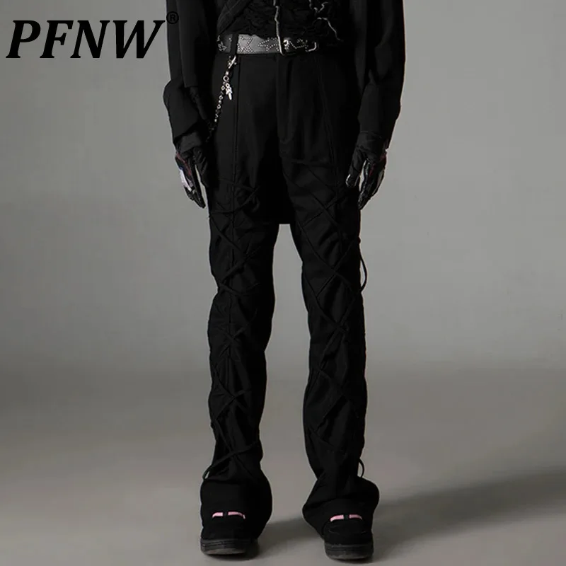 

PFNW Solid Color Men's Pants Casual Mesh Weaving Straight Wide Leg Dark Style Autumn Male Bottom New Tide Trousers 12C771