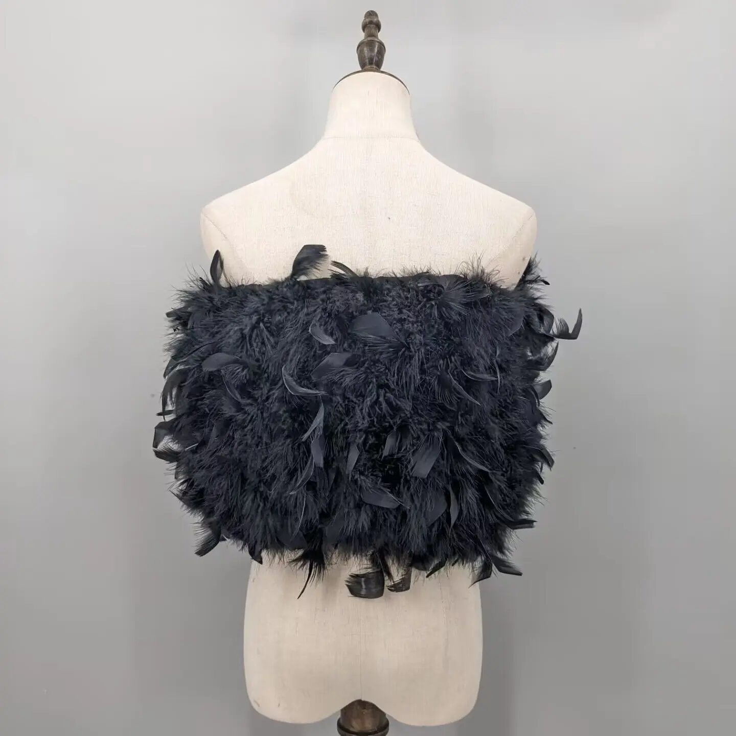 Women Black Real Feather Tube Top Off Shoulder Strapless Crop Top Fluffy Bustier Wedding Party Banquet Clubwear 23A0831