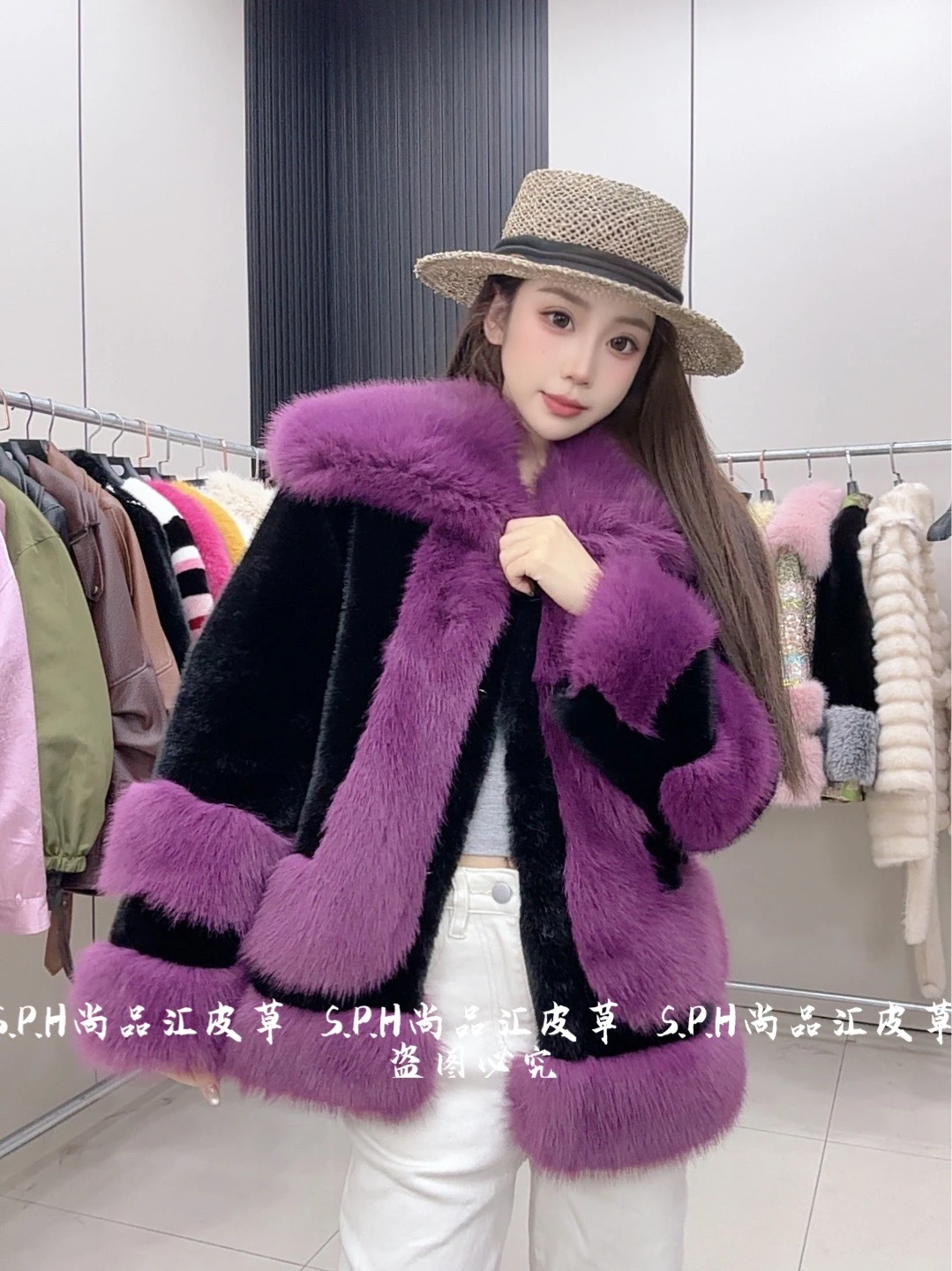 인조 모피 코트 여성용 2025 겨울 신상 모피 칼라 두꺼운 인조 모피 코트 투톤 블록 코트 중간 길이 플러피 재킷