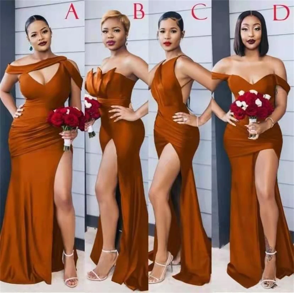 

Burnt Orange Long Mermaid Bridesmaid Dresses With Slit 4 Styles Sexy Split Satin Party Gowns for Wedding Customized