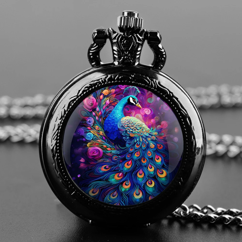 

Exquisite Gift Blue Peacock Glass Dome Design Arabic Numerals Quartz Pocket Watch Necklace Pendant Clock Chain Men Women Gifts