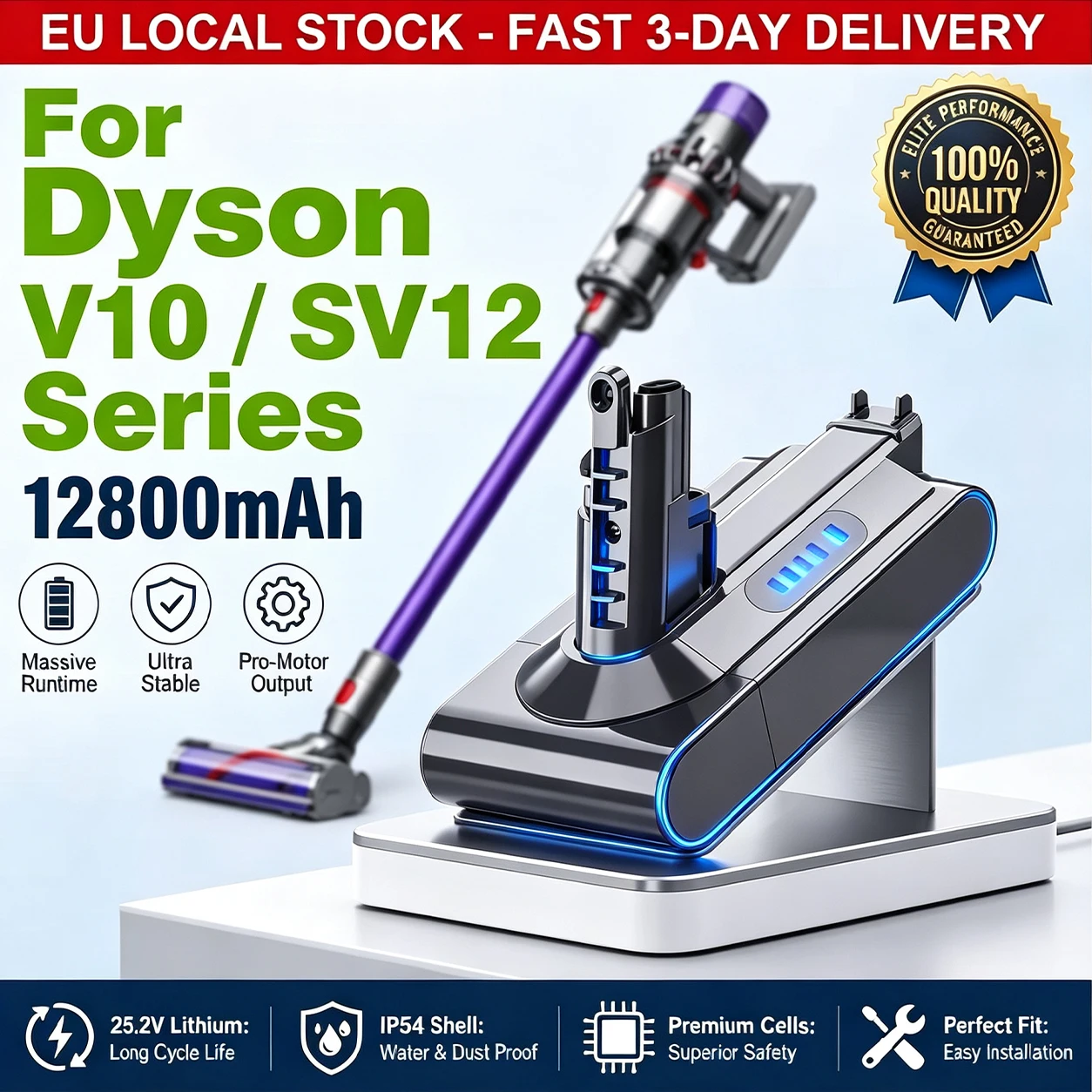 Batterie de remplacement 25,2 V 12800 mAh compatible avec l'aspirateur sans fil Dyson V10 SV12 V10 Absolute V10 Animal, batterie d'aspirateur grande capacité longue durée