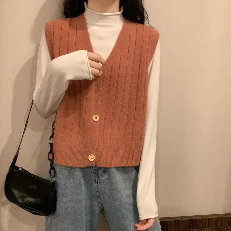 Women Vintage V-neck Knitted Vest Sweater Sleeveless Pullover Elasticity Loose Female Casual Oversized Knitted Vest Sweater 2021