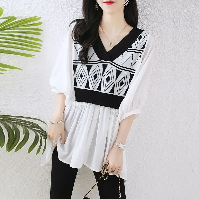 

Women Spring and Autumn Trend New V-Neck Irregular Chiffon Shirt Contrast Splicing Cozy Supple Versatile Mid-length Tops