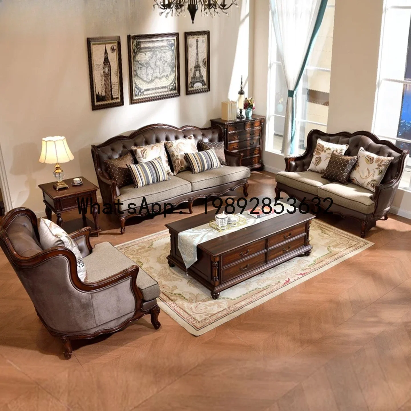 

H5.15 mahogany leather sofa living room all solid wood fabric sofa large apartment sofa