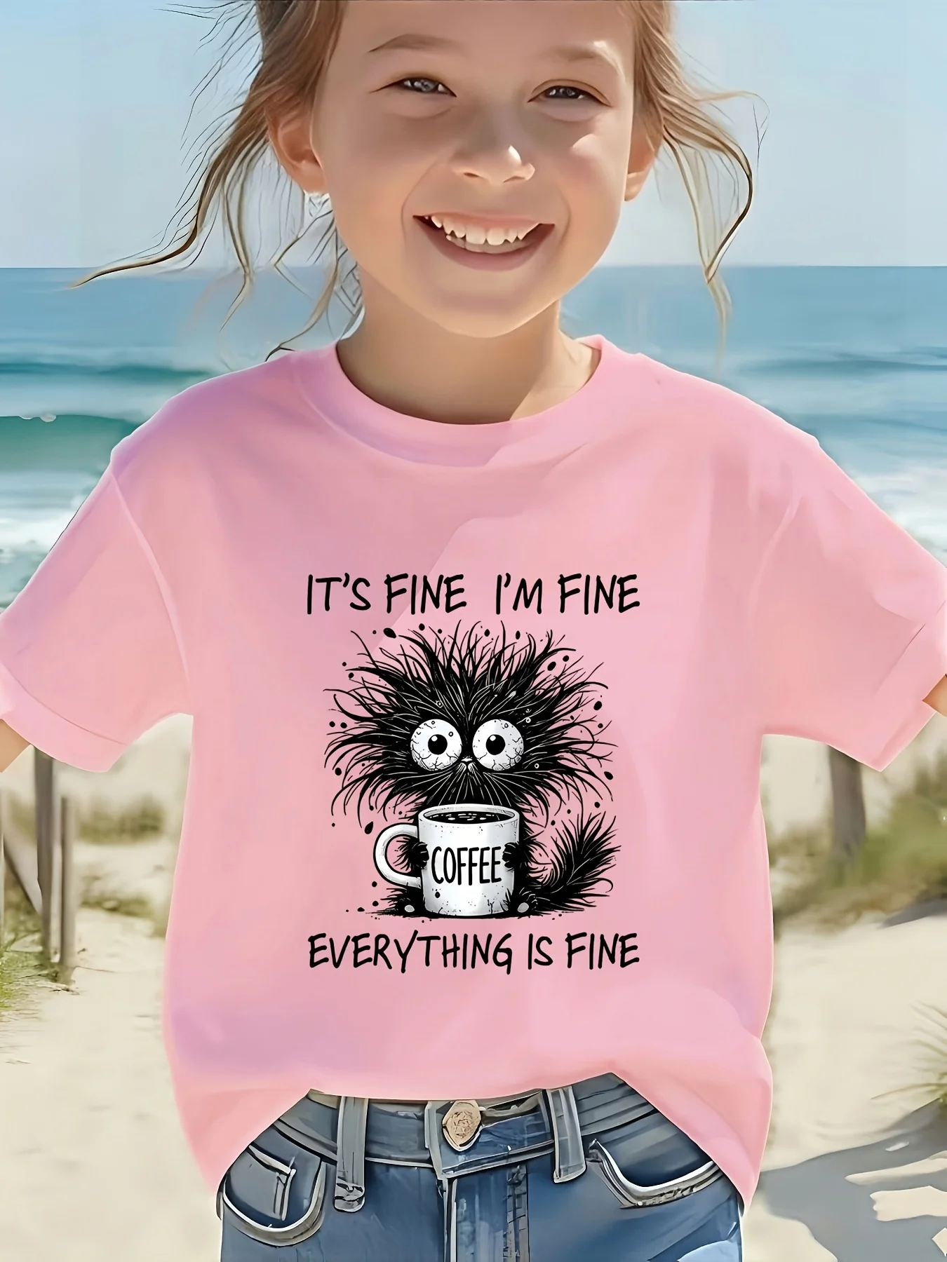 Funny Furry Monster Coffee Slogan Print Family Matching T Shirt Boys Girls Soft Summer Short Sleeve Daily Casual Tees