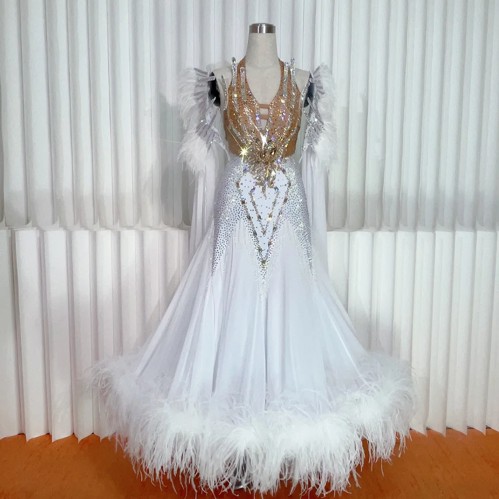 

PEIDANCE New White International Standard Ballroom Dance Dress Custom Waltz Tango daning Costune With Feather Skirt 1239