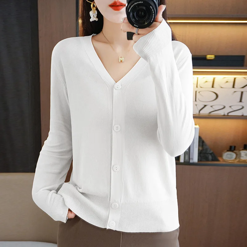 Summer 2023 New Korean Version Thin Solid V-Neck Ice Silk Knitted Long Sleeve Sunscreen Cardigan Fashion V-Neck Top for Women