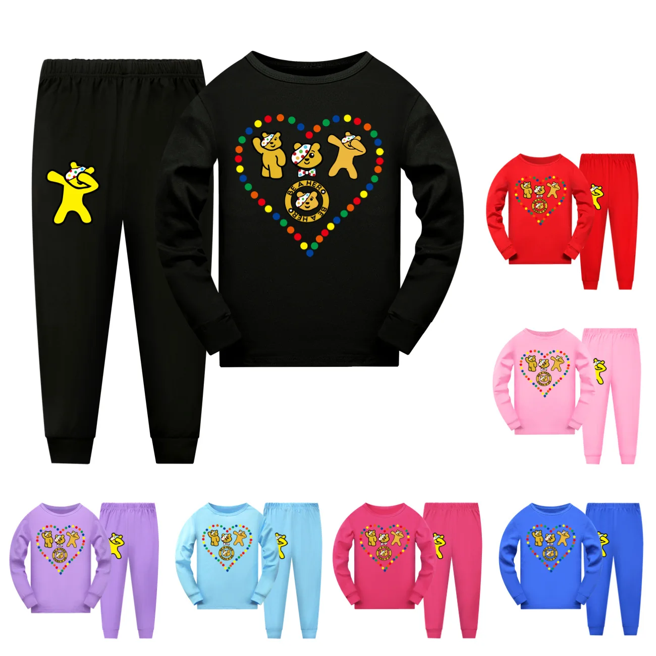 Boys pajamas Cartoon DO THE FLOSS Pudsey Bear T-shirt  Girls Long Sleeve O-Neck T-shirts Kid Tops Sweatshirts+pants 2pcs sets