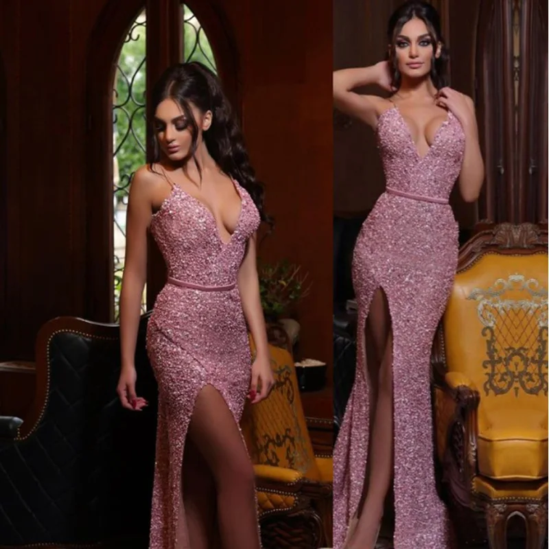 Maßgeschneiderte luxuriöse Abendkleider mit Pailletten und V-Ausschnitt für besondere Anlässe, formelles Kleid, elegante Partykleider für Damen für Dubai