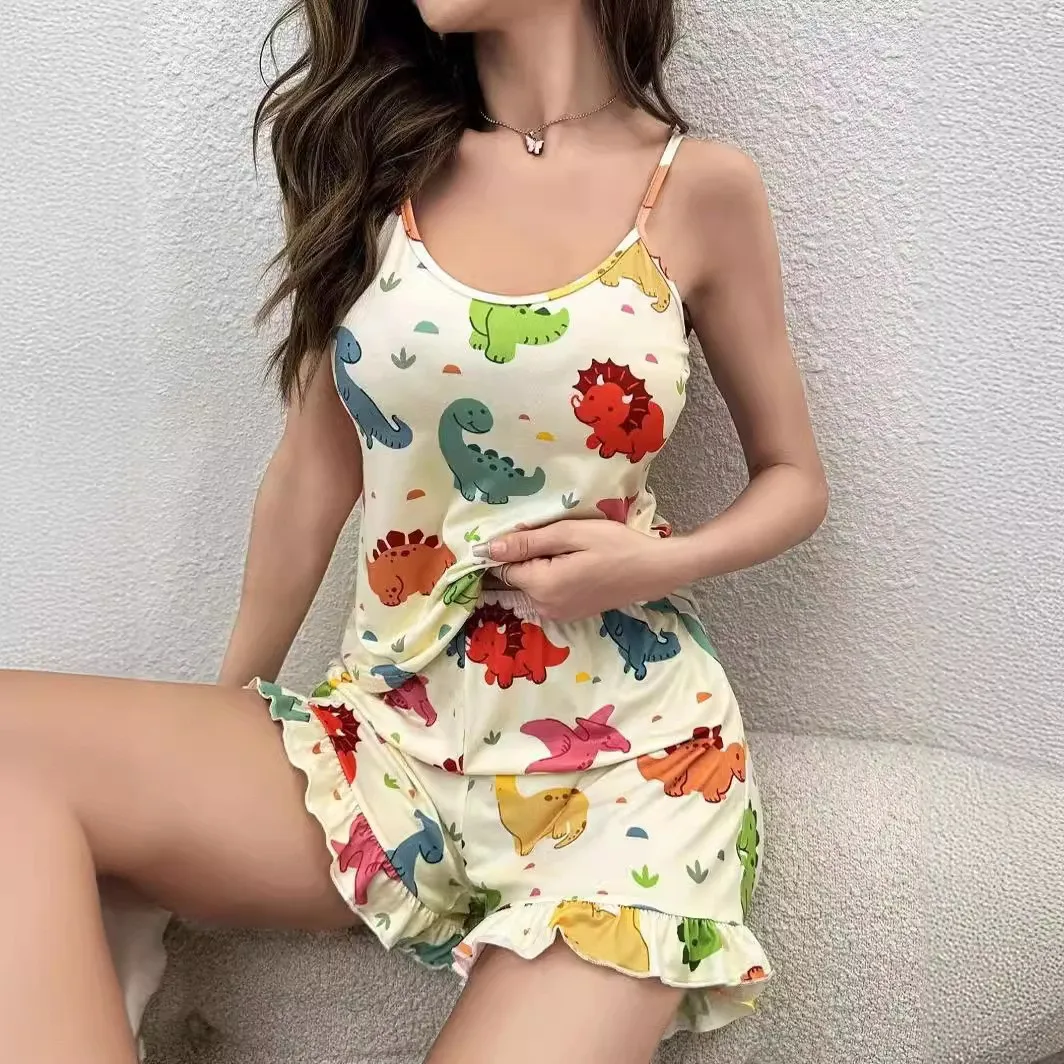 Women\'s 2pcs Multicolor Dinosaur Print Cami Top & RuffleTrim Shorts Pyjama  Soft  Homewear Setfor  Sleepwear for Summer