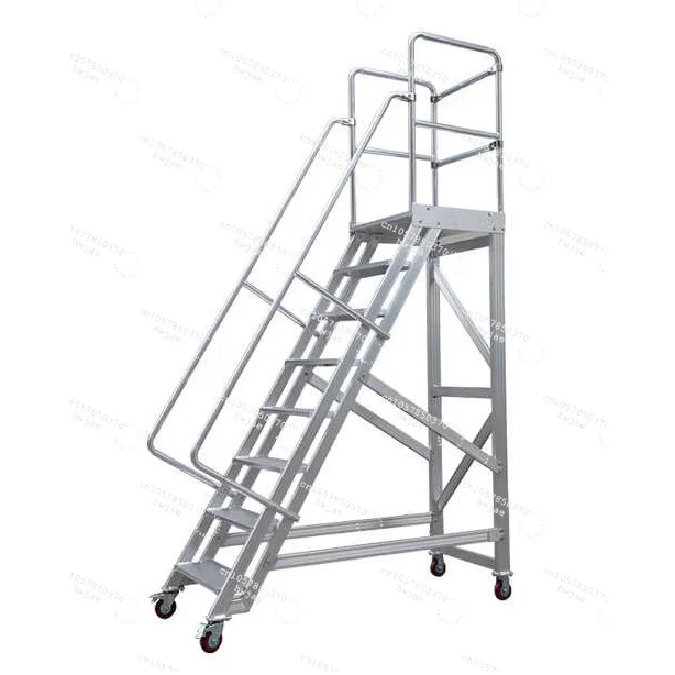 Aluminum Mobile Platform Steps Ladder Handrails Four-Wheel Wheels Customizable Warehouse Safety Rolling Mobile Platform OEM