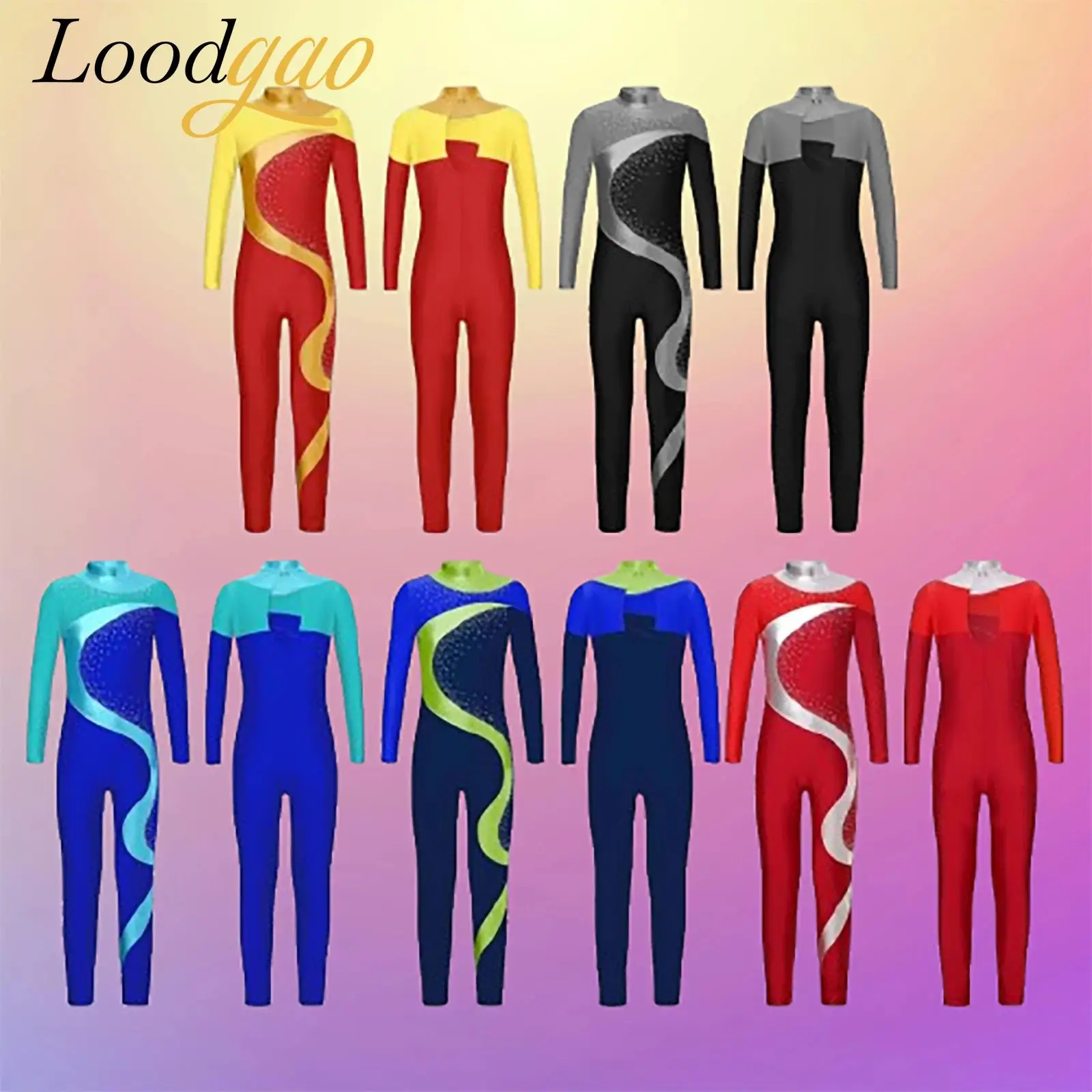 

Kids Girls Ballet Tutu Leotards Rhythmic Gymnastics Bodysuit Metallic Patchwork Leotard Long Sleeve Jumpsuit Bailarina Dancerwea