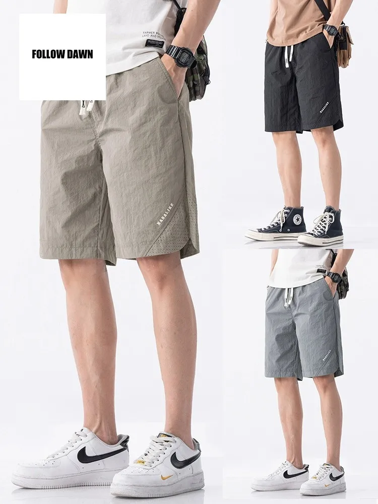 

Летние тонкие повседневные шорты для мужчин, свободные пляжные бриджи из ледяного шелка, быстросохнущие спортивные брюки до колена, дышащие, комфортные, из нейлона