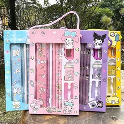 Cartoon Sanrio Hellokitty Cinnamoroll Melody Kuromi Stationery Set Pencils Erasers Rulers School Supplies Study Stationery Gifts