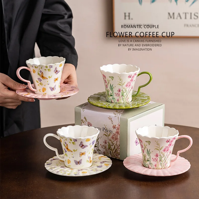 Vintage Floral Ceramic Coffee Cup With Saucer Set Rural style Porcelain Tea Cup For Women Birthday Gift For Home Table Decor
