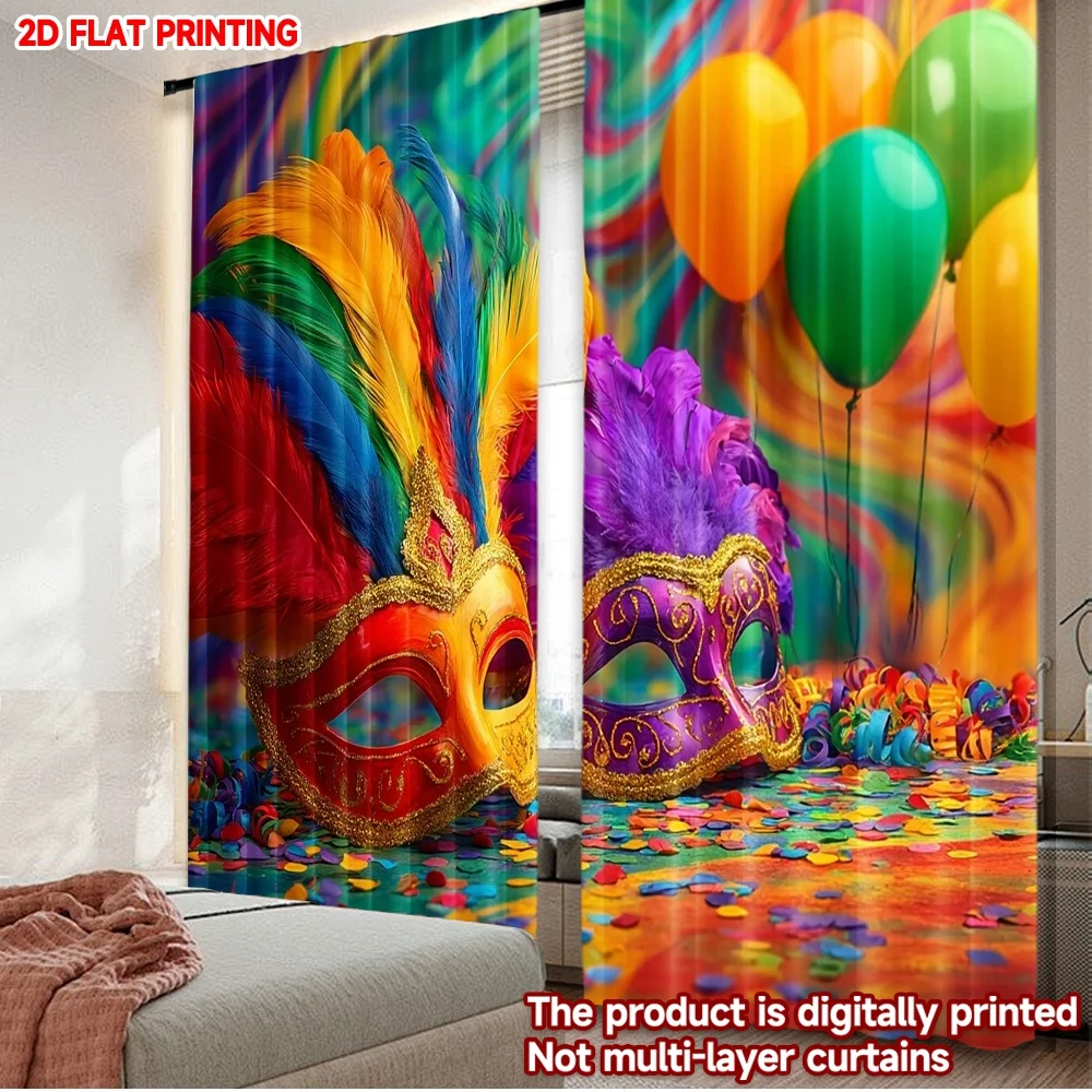 2D flat printing 2pcs Curtain Scene Curtains Carnival Masks and Balloons(1) Digital Printed Polyester Drapes Holiday Decorations