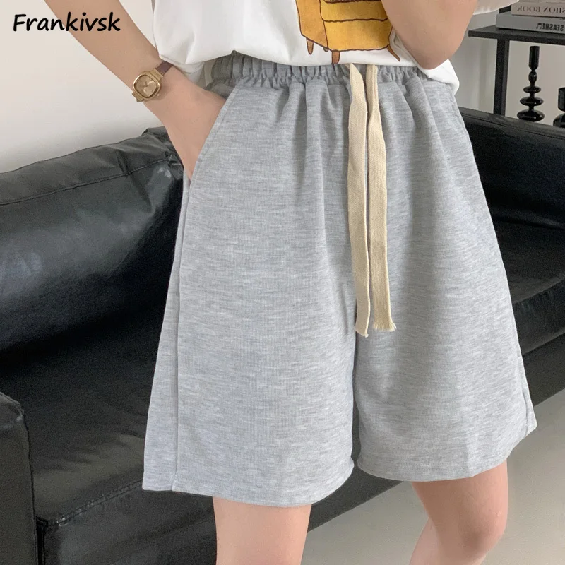 

Knee Length Shorts Women Leisure Summer Straight Loose Sporty Solid Streetwear Drawstring Simple All-match Fashion Comfortable