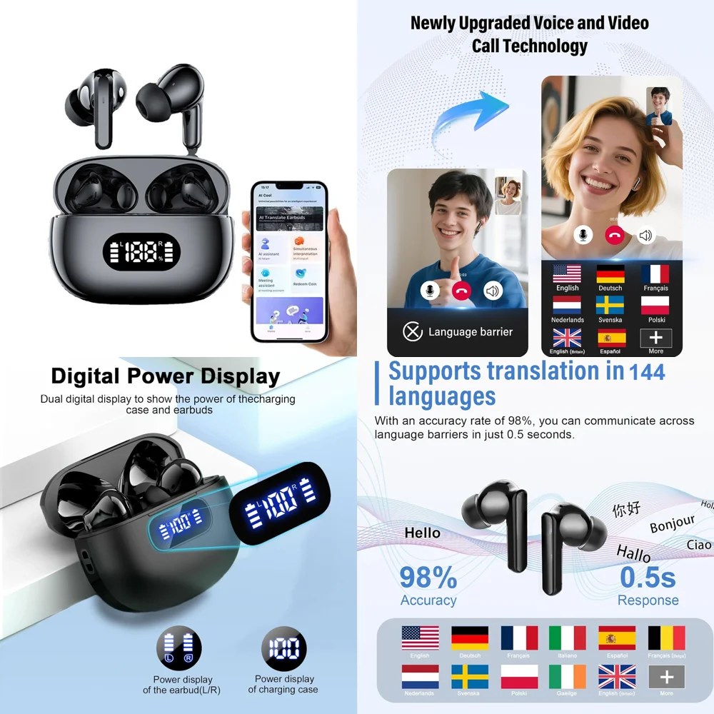 

Clear Calls Earbuds Wireless TWS Earphone with 144 Online AI Language Translation Real Time Headphone for Business Trending