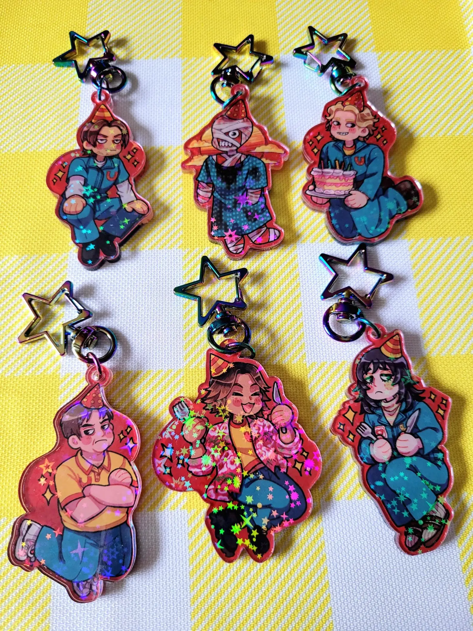 MW keychains,  2 inch acrylic charms with star clasp and holographic stars