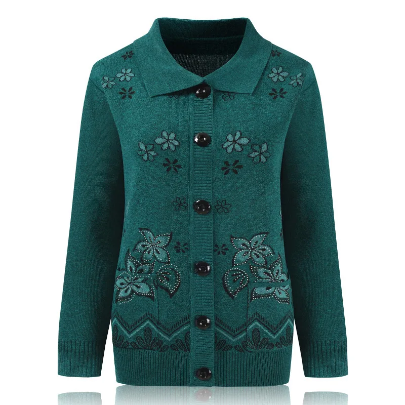 Print Mother Sweater Cardigan Top 60-80 Years Old Middle-Aged Elderly Women\'s Woolen Jacket Spring Autumn Knitted Shirt