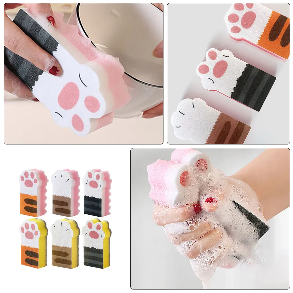 

6pcs Cat Claw Kitchen Sponges Reusable Cleaning Sponge Dish Scrubber Strong Light Household Tools Wok Washing Sponge Non-Woven