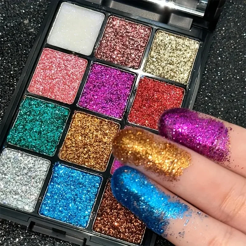 Paleta de sombras de ojos con purpurina brillante de 12 colores: tonos metálicos y de diamantes de alto pigmento, duraderos para un aspecto festivo