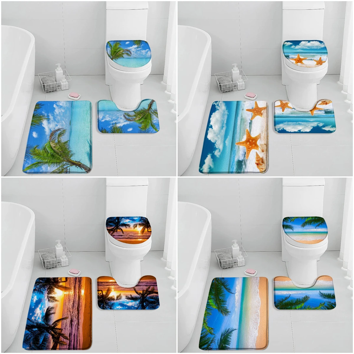 Beach Seascape Bath Mat Set Coconut Trees Blue Sky Sunrise Starfish Shell Non-slip Bath Rug Summer Vacation Toilet Lid Cover