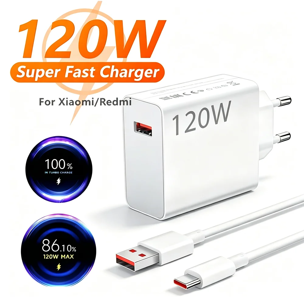 Image of 6A 120W EU Schnell-USB-Wandladegerät für Xiaomi 11 12 13 14 15 Ultra Redmi Note 12 13 14 POCO F7 X7 Pro Typ-C Turbo-Ladekabel