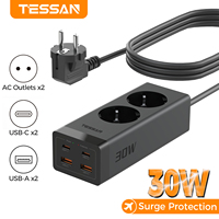 TESSAN 30W GaN Multiple Socket Power Strip with 2 Outlets 2 USB 2 Type C Surge Protection EU Plug with 2M/5M Extension Cord