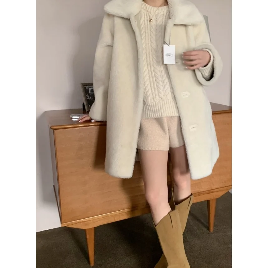 Retro Double-Sided Wear Leather Fur Inteated Medium-Length Coat Women Chic Faion Turn Collar Cotton Clothes Trend