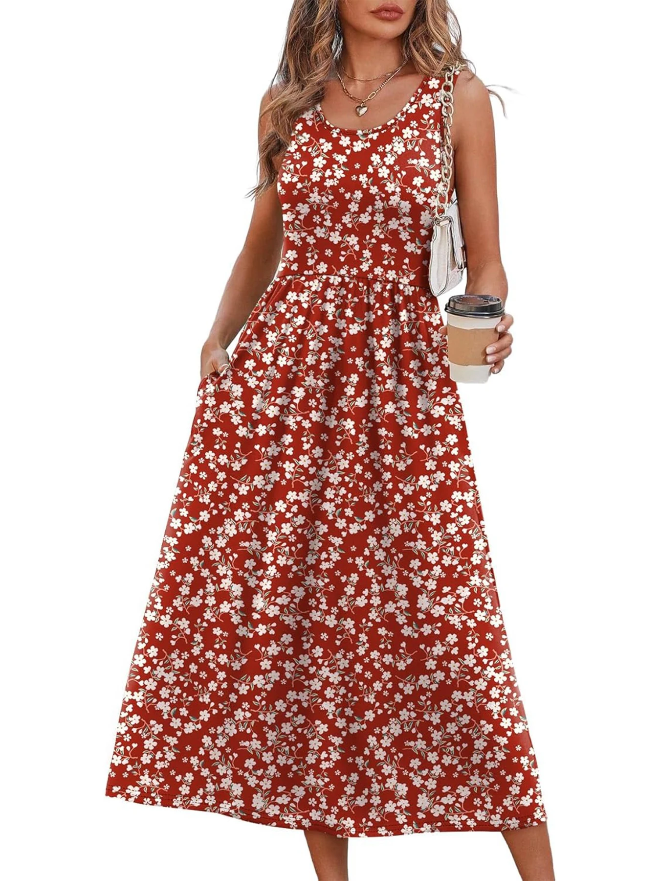 2026 Sommer Neue Kleider für Damen Bedrucktes Lässiges Midikleid Modisches Ärmelloses Rundhals-Strandkleid mit Taschen – Detail 17